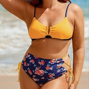 Cupshe Colorblock Floral High Waisted Bikini Size XL